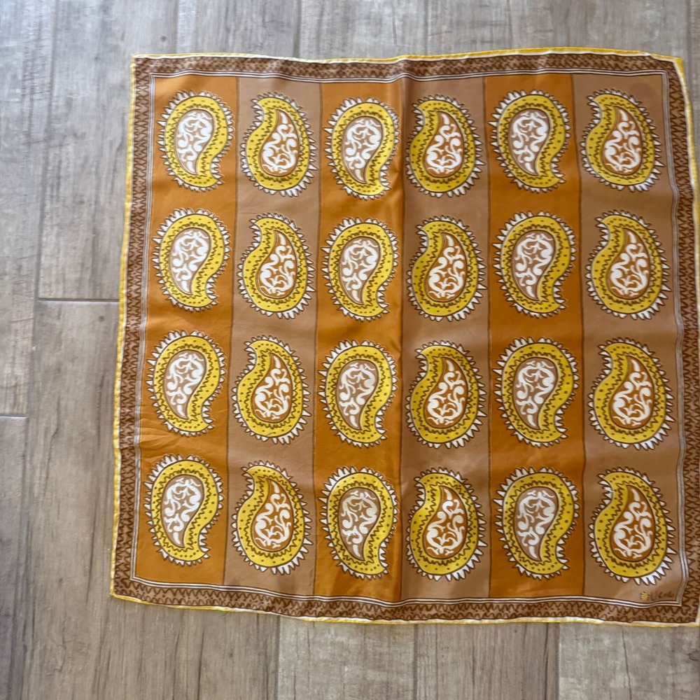Vera Neumann Vintage Silk Scarf Mustard Orange Paisley Ladybug Logo 27 Inch